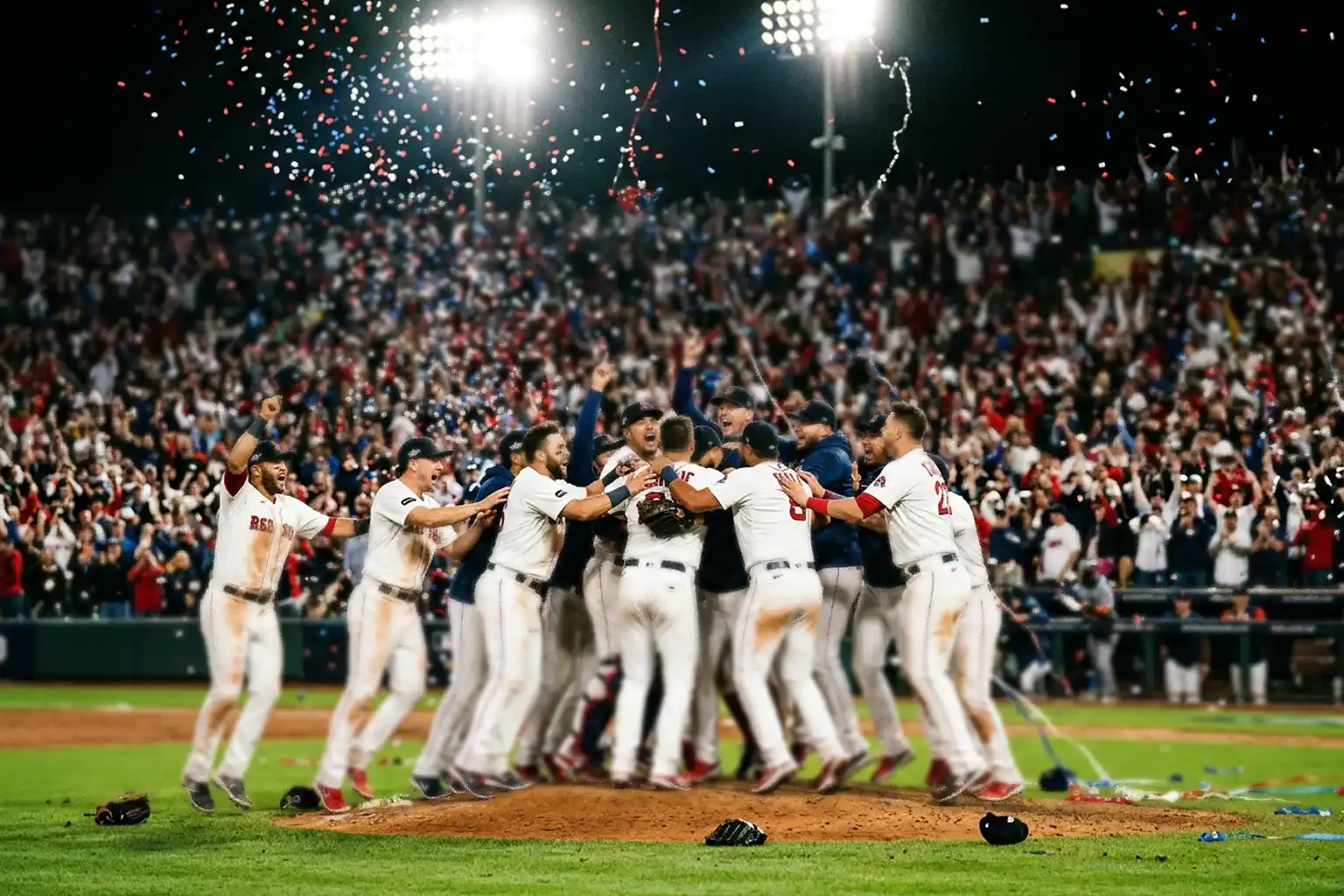 Celebración de equipo de béisbol MLB en el campo tras ganar un partido de playoffs con confeti cayendo bajo los focos