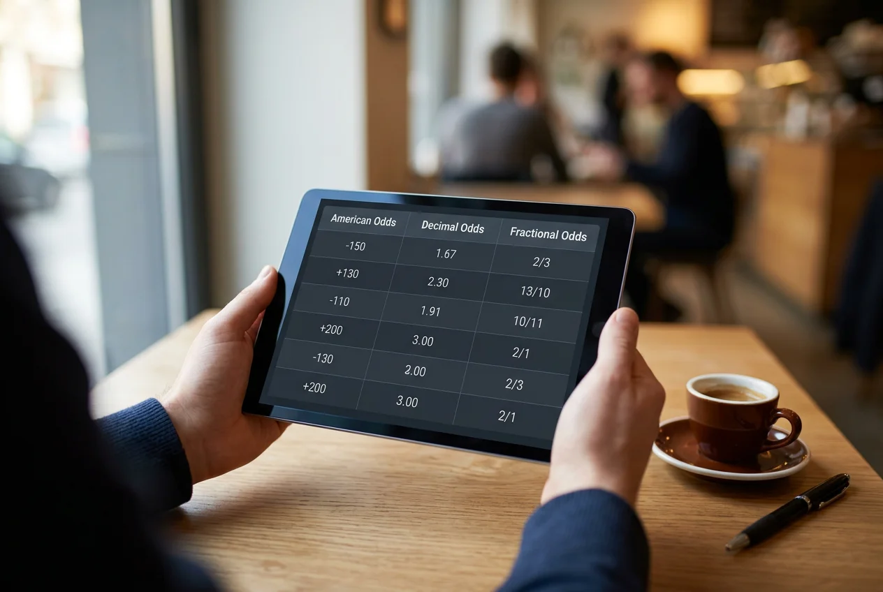 Persona analizando cuotas de apuestas MLB en formato decimal y americano en una pantalla