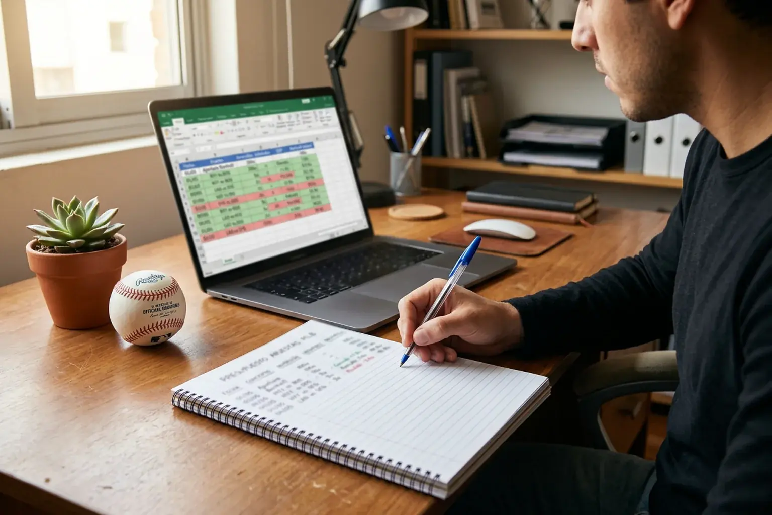 Persona tomando notas junto a un portátil con un plan de gestión de bankroll para apuestas deportivas