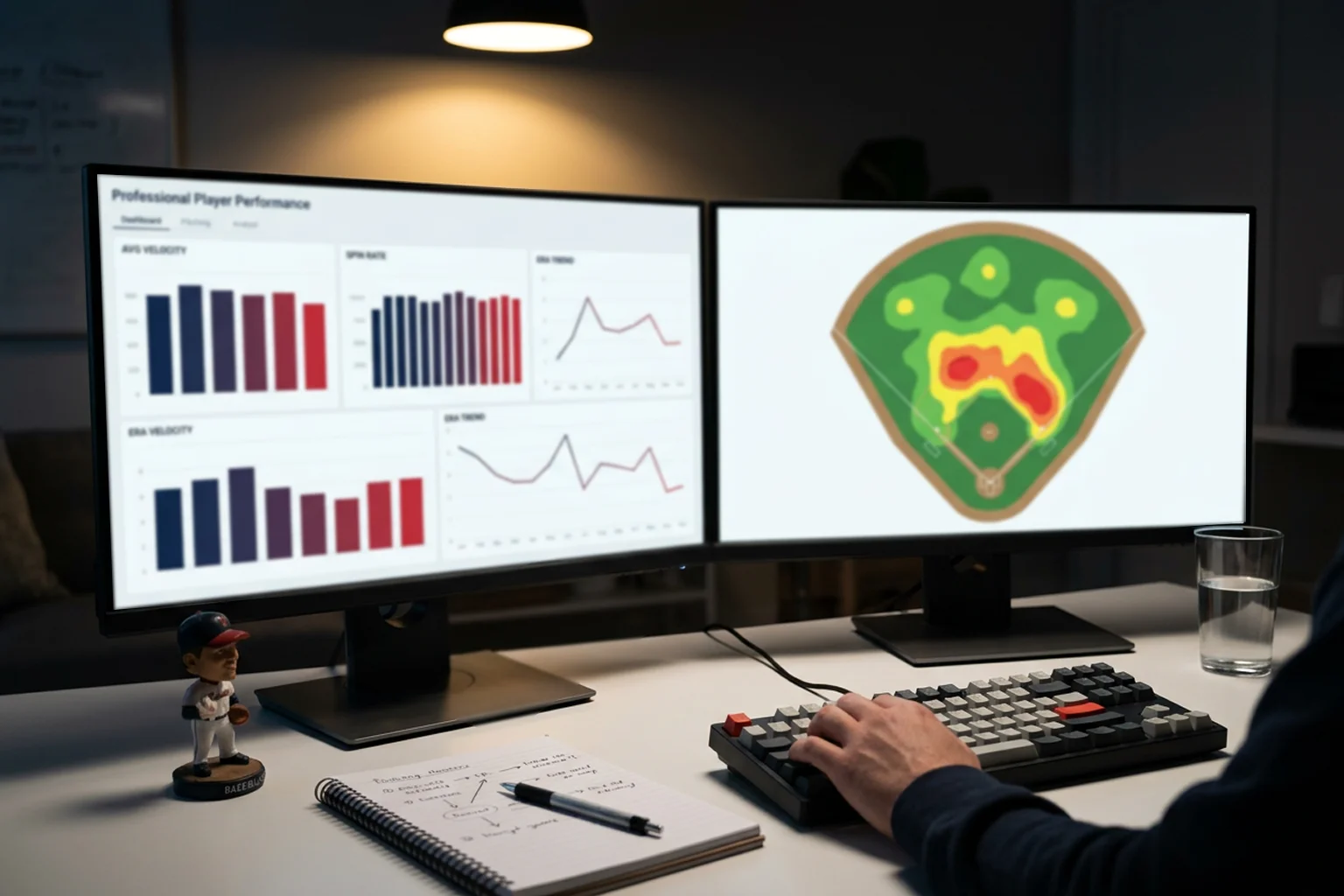 Analista revisando estadísticas avanzadas de béisbol MLB en un monitor con gráficos de rendimiento
