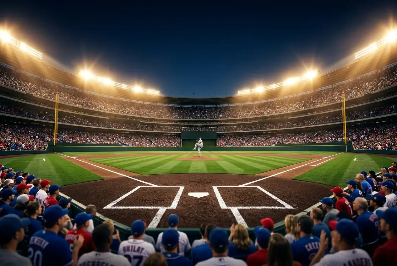 Estadio de béisbol MLB iluminado durante un partido nocturno con aficionados en las gradas